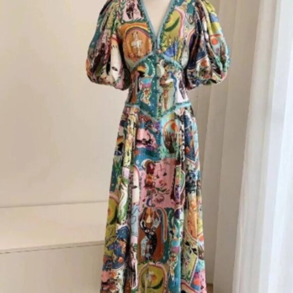 Green Art Puff Sleeve Corset Linen Abstract Floral A- Line Midi Dress XL - Picture 9 of 16